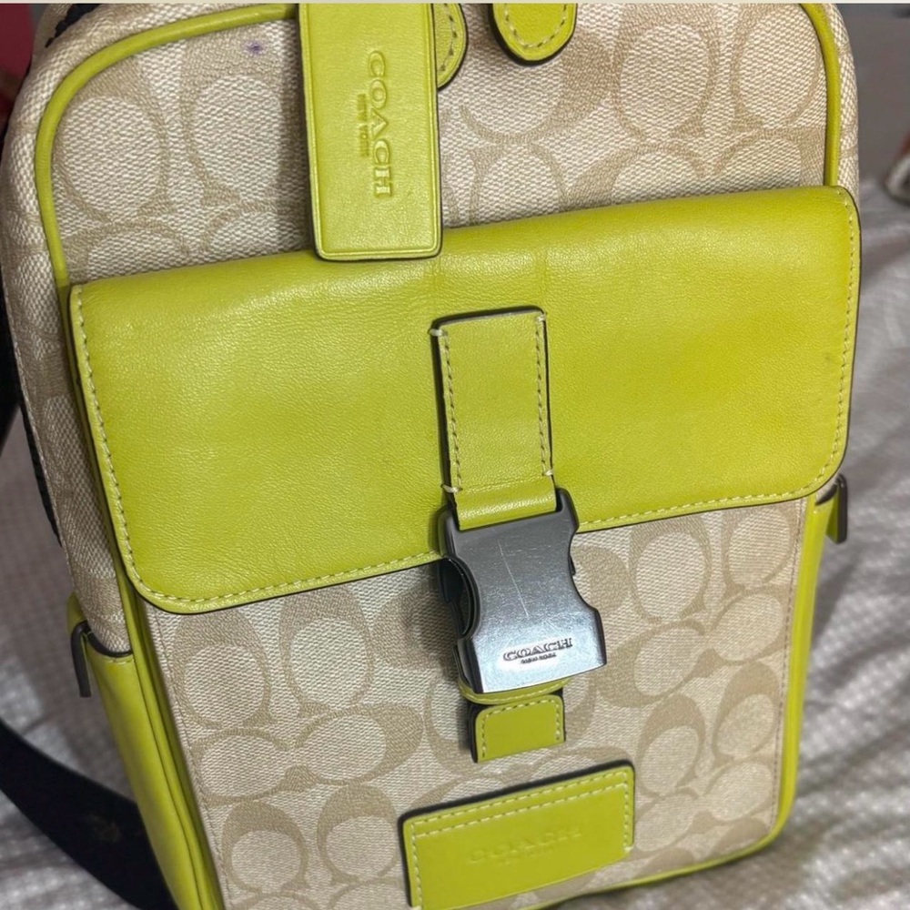Coach Beige Signature Crossbody with Lime Green Trim